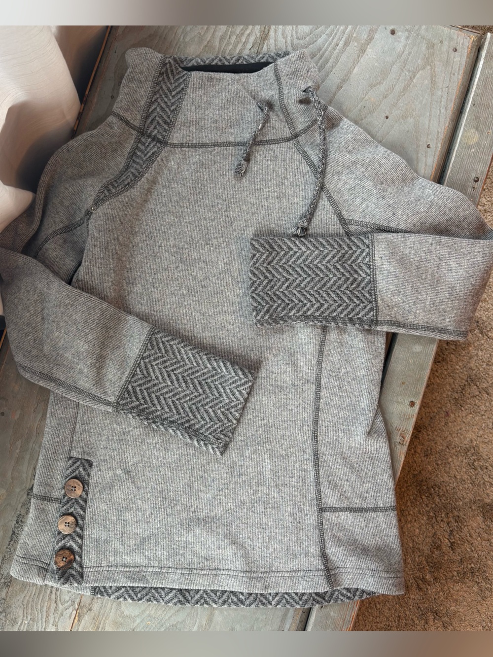 Prana Lucia Gray Funnelneck Sweater with Herringbone Trim | size small